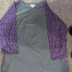 LuLaRoe Gray Top with Purple Donald Duck Pattern Sleeves
